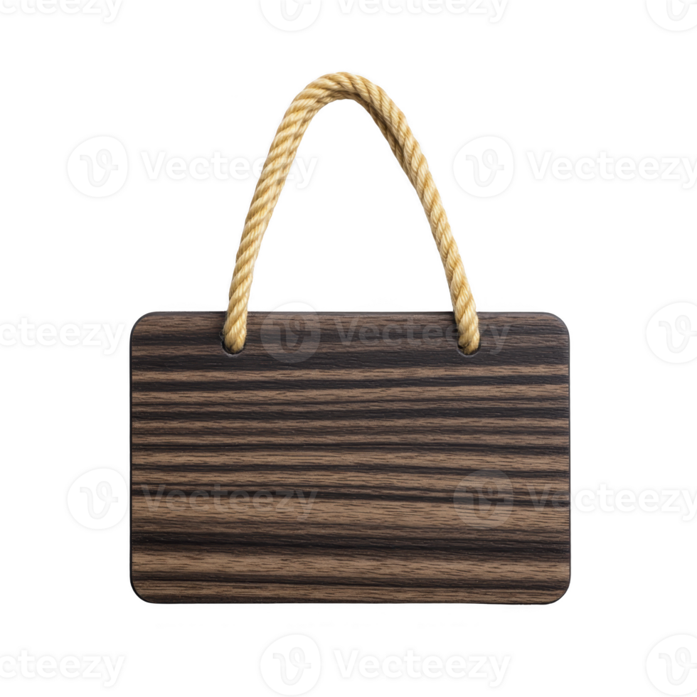 Wooden sign with rope handle, featuring dark wood grain pattern, is isolated on transparency background. sign is rectangular and has rounded corners, giving it rustic and natural appearance png