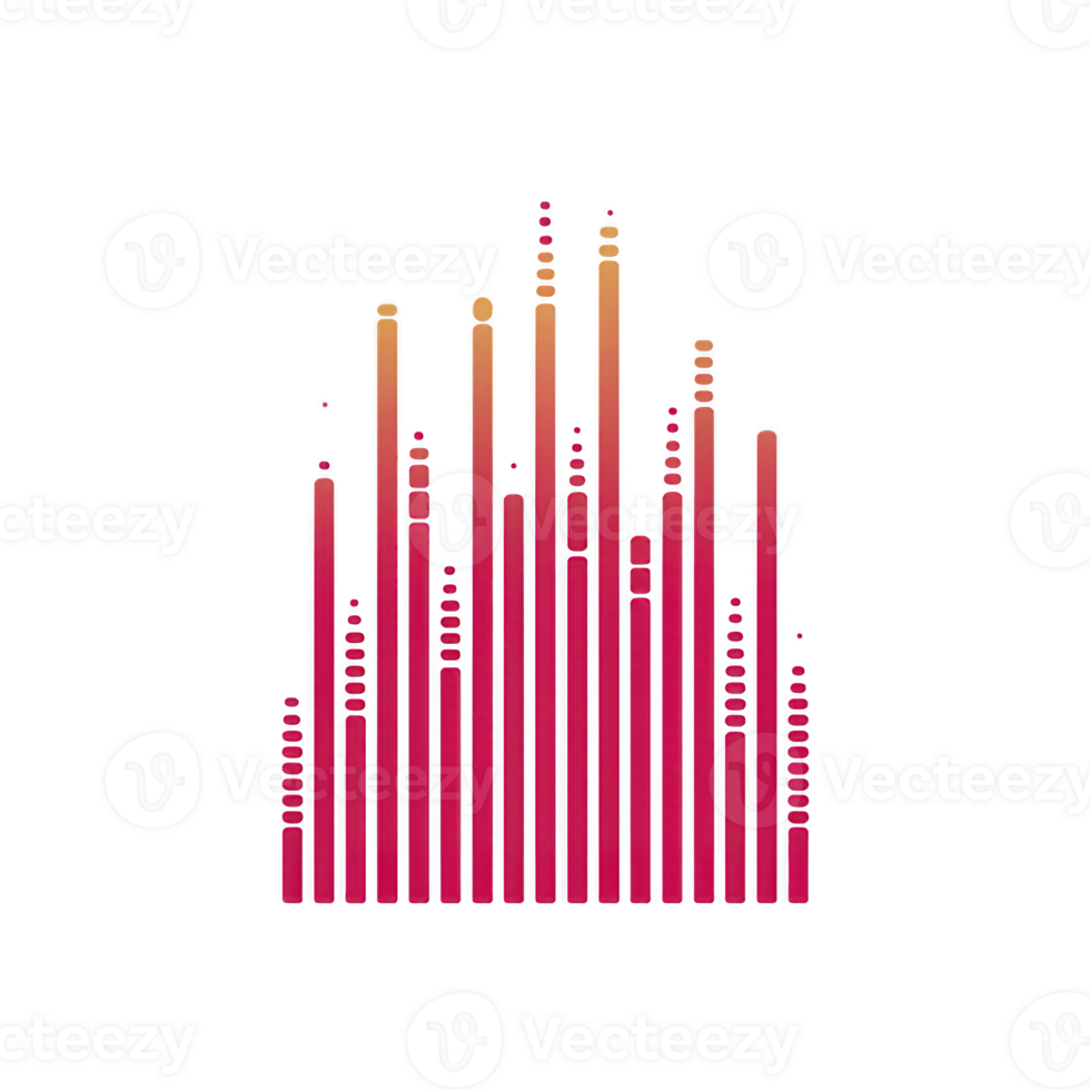 Vibrant, abstract graphic featuring vertical bars and circles in gradient of red to orange, resembling soundwave or equalizer on transparency background png