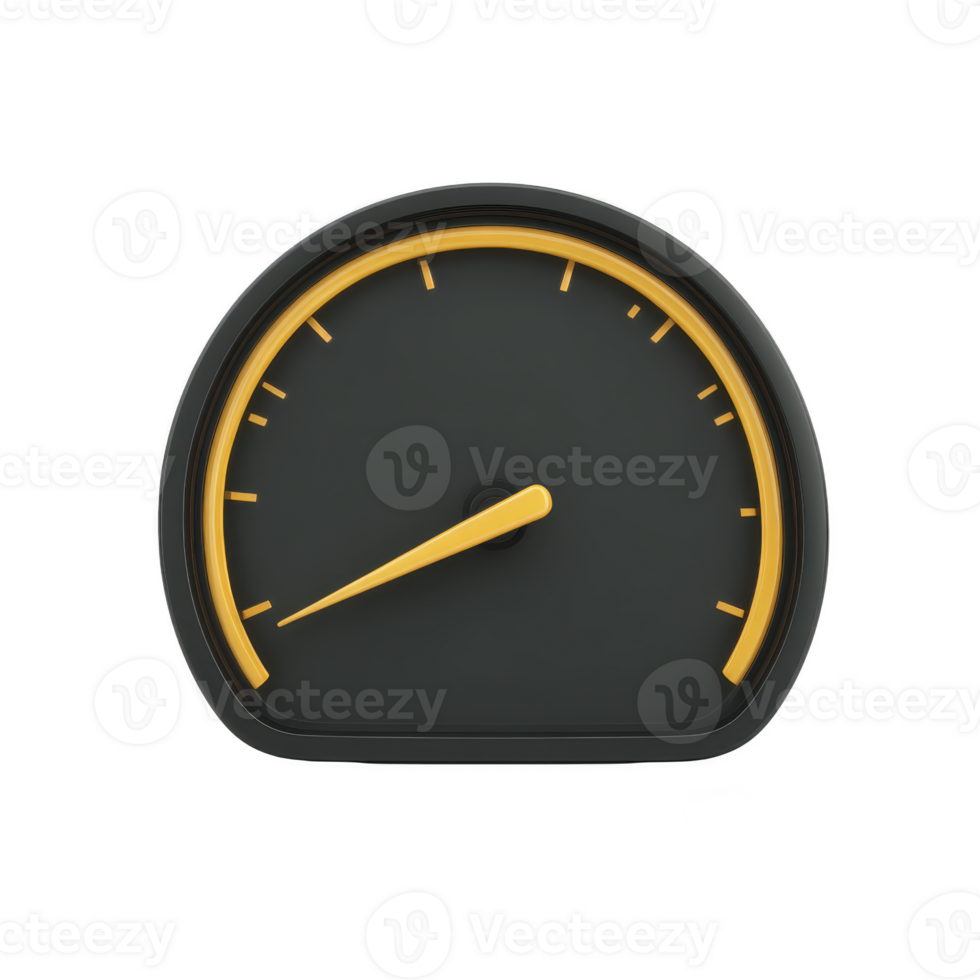 Black and yellow speedometer icon with minimalist design, indicating speed or progress. needle points to left, suggesting low speed or starting point png