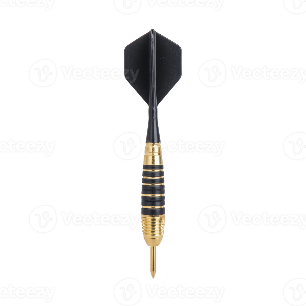 Single black and gold dart with pointed tip and flight is isolated on transparency background, showcasing its sleek design. dart is used in game of darts for precision aiming png