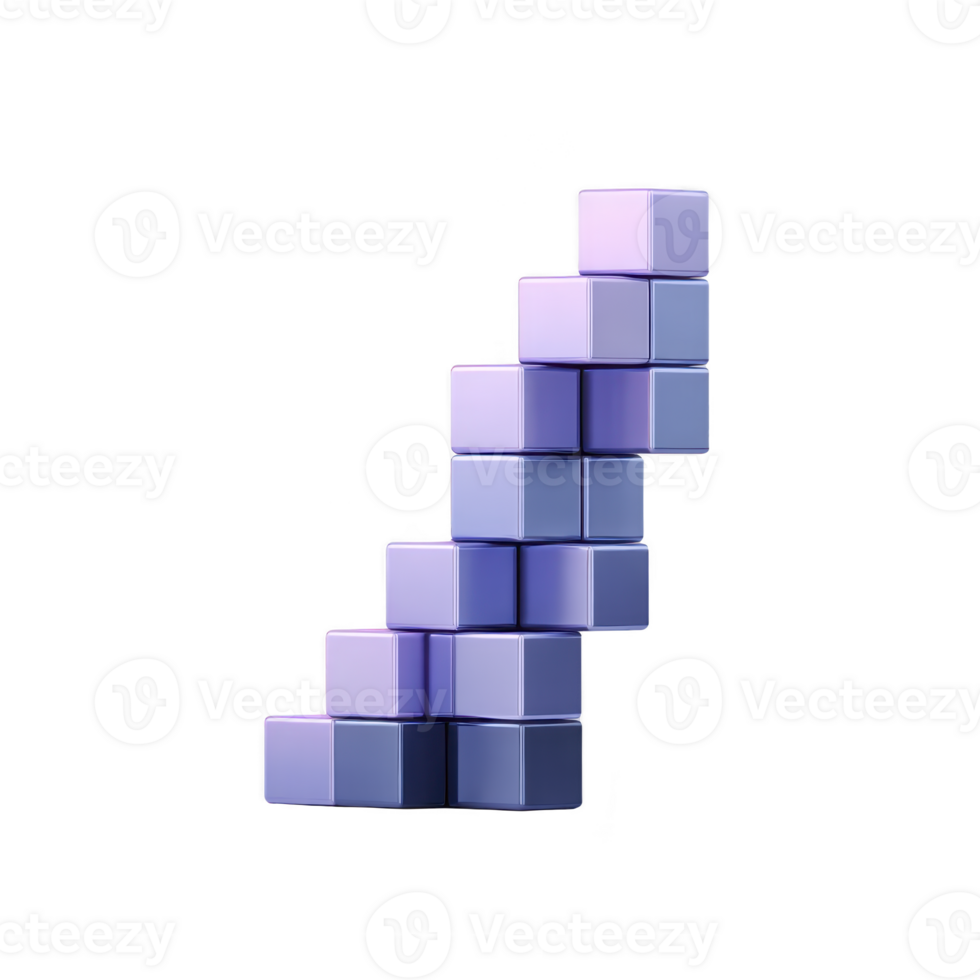 Stack of purple and blue cubes is arranged in diagonal pattern, creating staircase like structure. cubes have glossy finish, reflecting light and creating modern, abstract design png