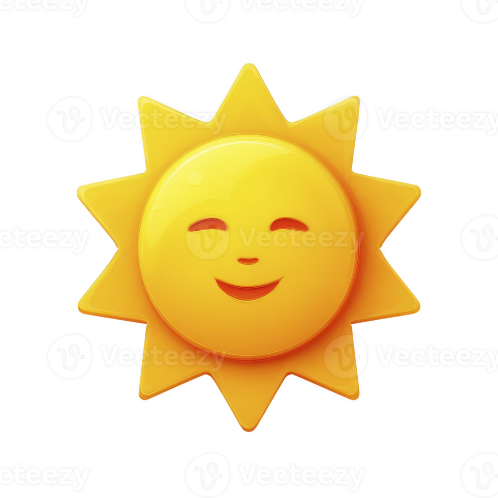 Cheerful, smiling sun icon with bright yellow color and glossy finish, featuring simple, friendly design. sun has round face and radiating triangular rays png