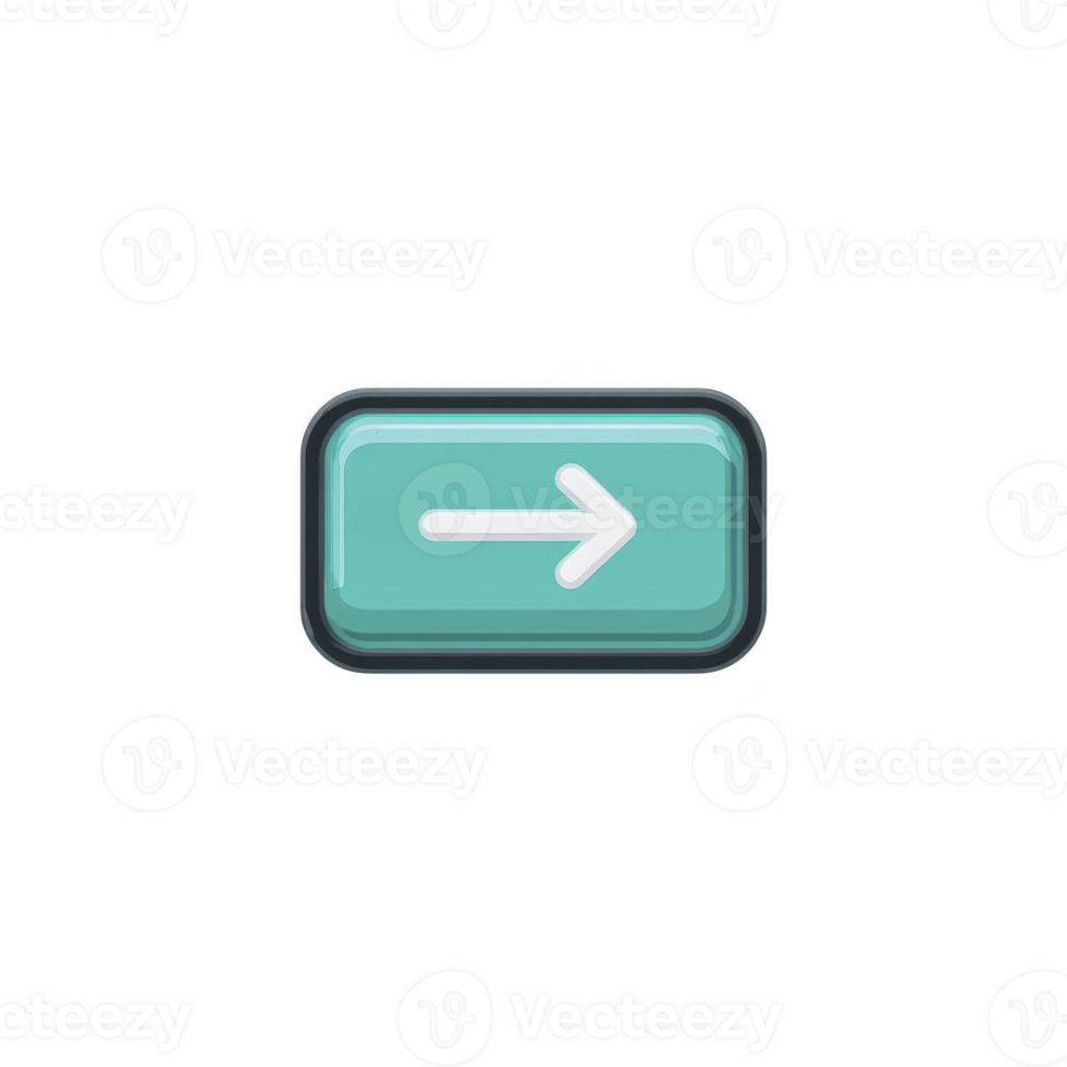 Glossy turquoise button with white arrow pointing right, symbolizing direction or navigation, isolated on transparency background. button has modern, digital appearance png