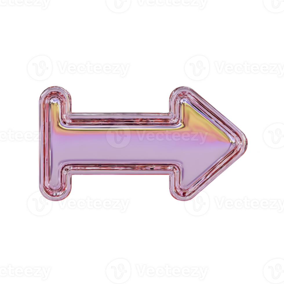 Shiny, iridescent arrow pointing to right transparency background, with metallic and reflective appearance. arrow has modern and sleek design, suitable for digital interfaces or graphic design png