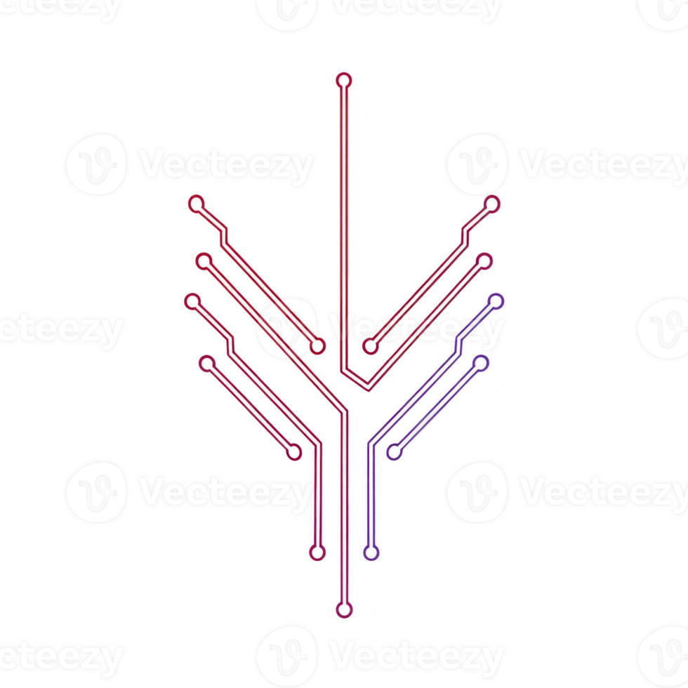 Stylized circuit tree design with branching lines in red and purple, symbolizing technology and growth. abstract pattern is set against transparent background, evoking innovation png