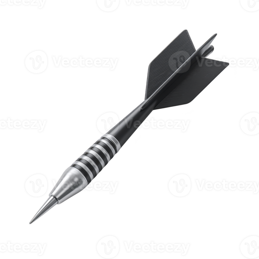 Sleek black dart with metallic accents and pointed tip, designed for precision in dart games. dart features streamlined body and fins for stability during flight png