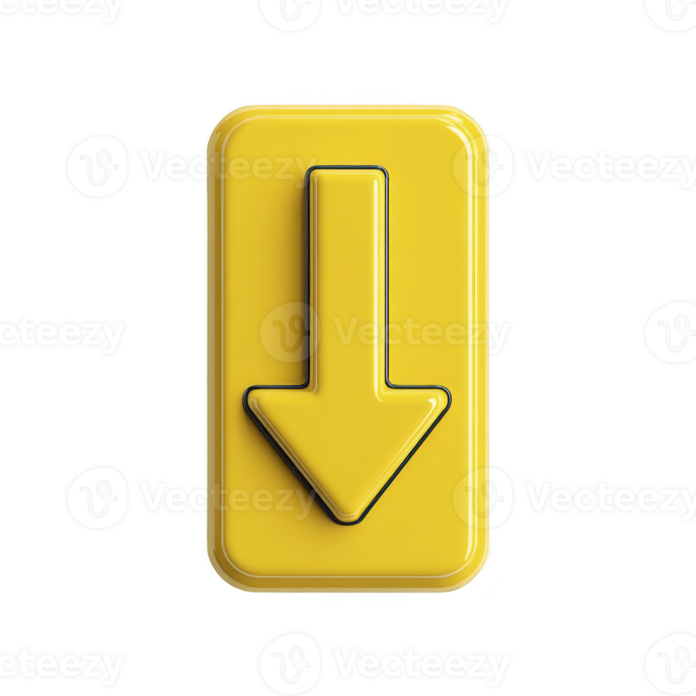 Yellow 3D arrow pointing downward is centered on rectangular button, symbolizing download or direction. glossy finish adds modern touch, making it visually appealing png