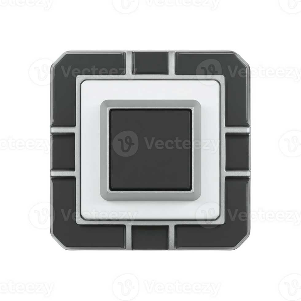 Modern, geometric, black and white square button with layered design, featuring sleek and minimalist style. button has futuristic appearance, suitable for tech interfaces png