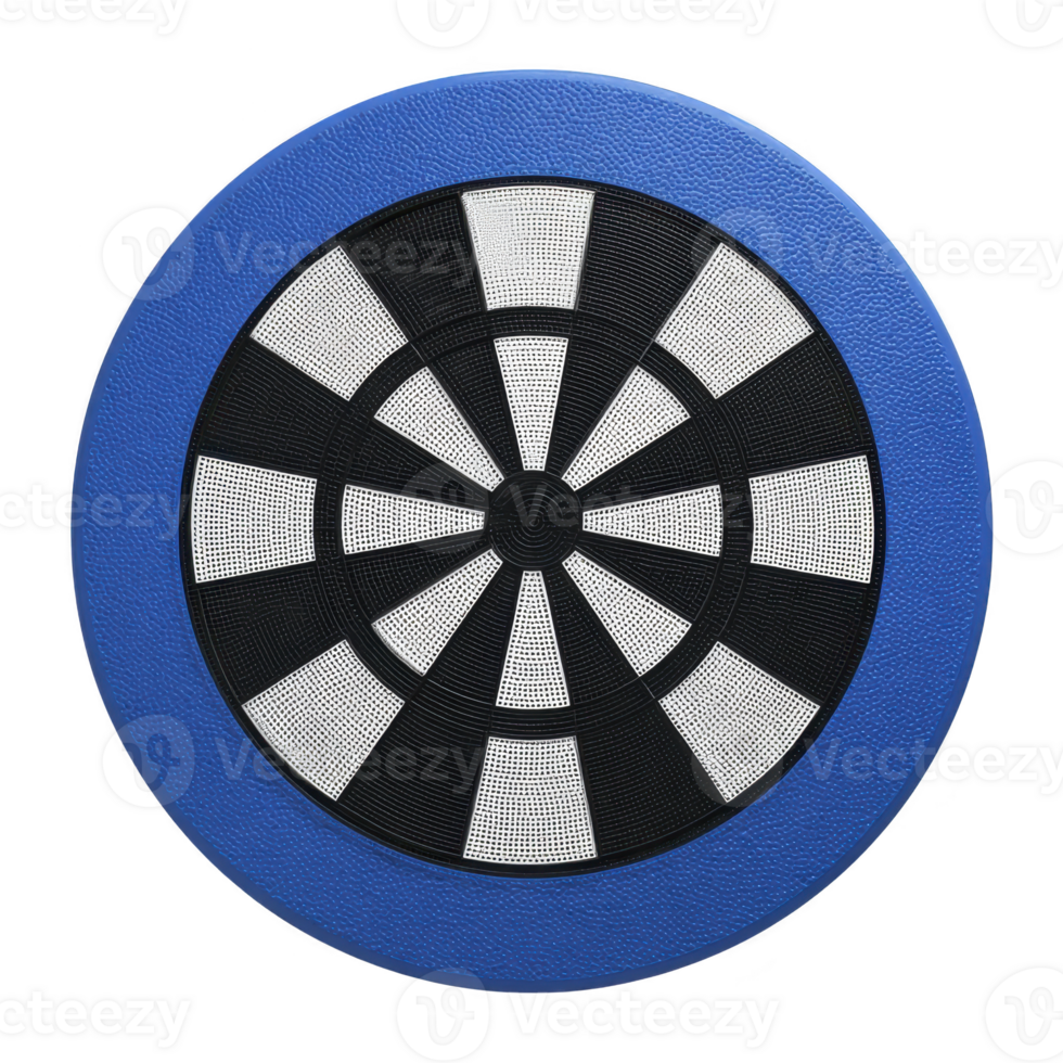 Blue and black dartboard with circular design and alternating black and white segments. dartboard has textured surface and is designed for recreational use png