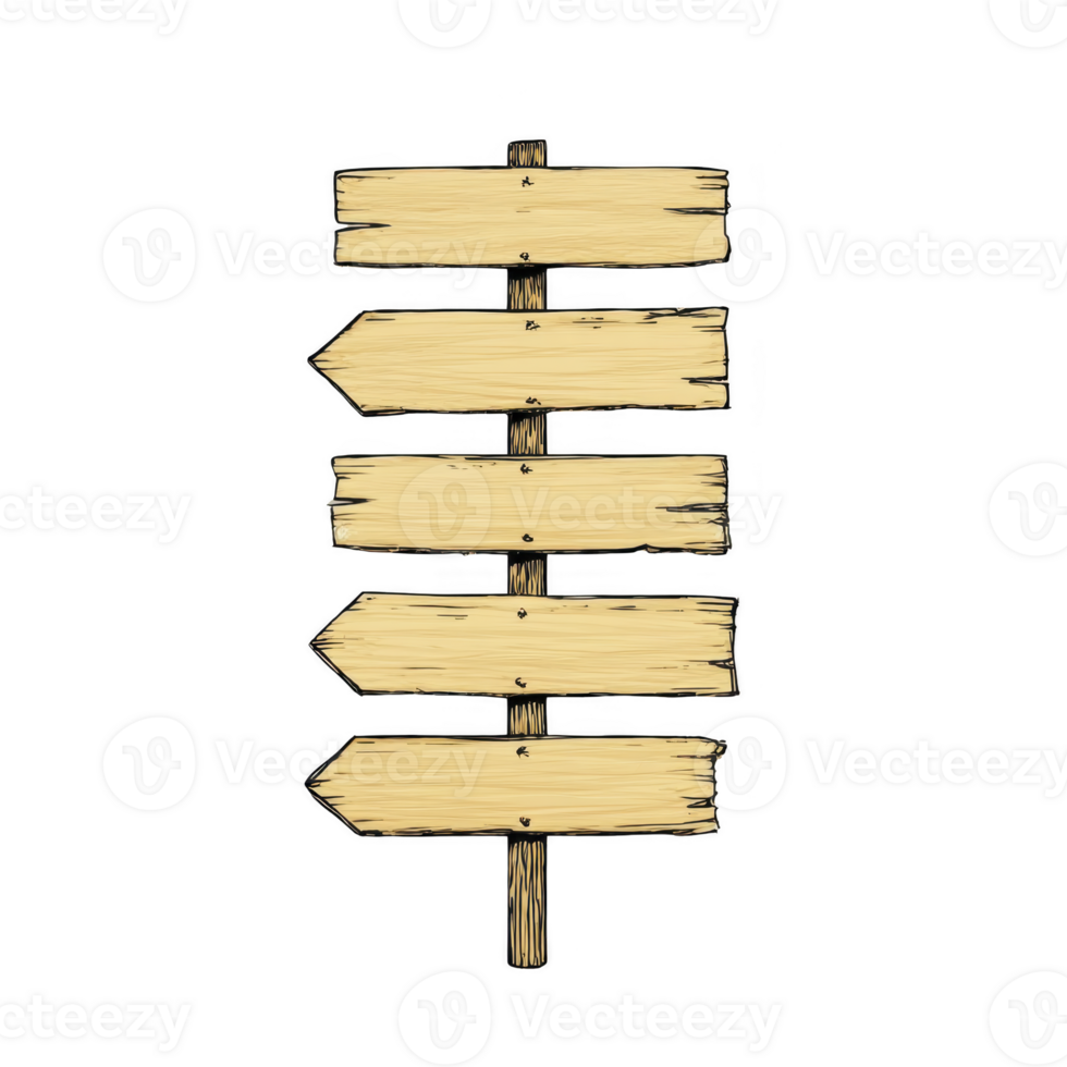 Rustic wooden signpost with five blank directional arrows, perfect for adding custom text or directions. weathered wood texture adds vintage charm to design png