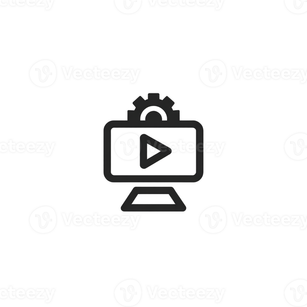 Simple black and white icon of computer monitor with play button and gear symbol, representing settings or media configuration png
