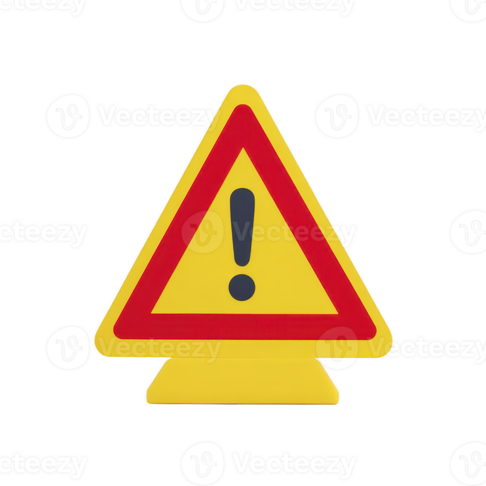 Yellow triangular warning sign with red border and black exclamation mark, symbolizing caution or alert. sign is isolated on transparency background png