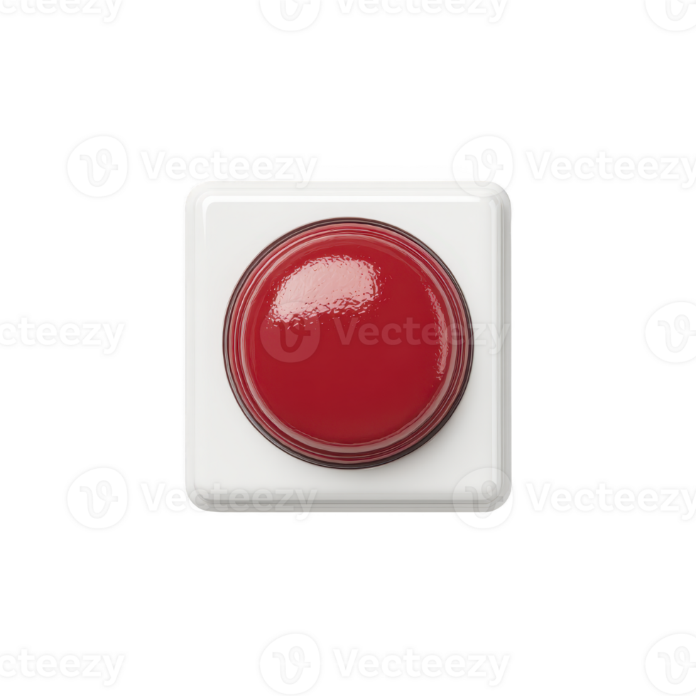 Large red button on white square base, isolated on transparency background, conveys urgency or action. glossy surface reflects light, emphasizing its prominence png
