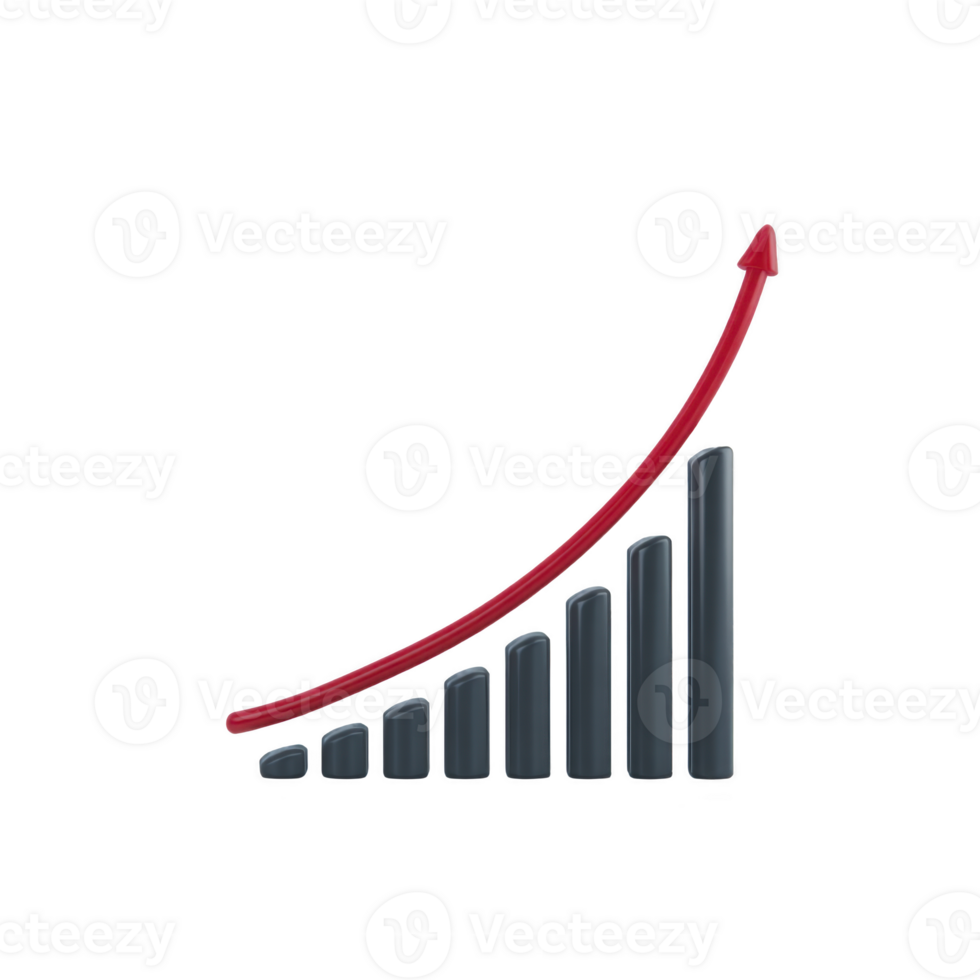 3D bar graph with red upward arrow represents growth and success. bars increase in height from left to right, symbolizing progress and positive trends in data or business performance png