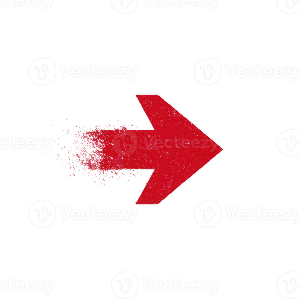 Red arrow with pixelated, dissolving effect on transparency background, symbolizing movement or transition. design is dynamic and modern, conveying sense of direction and change png