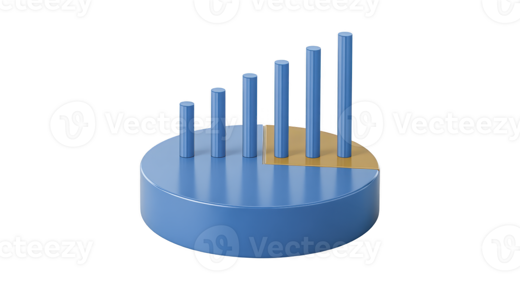 3D pie chart with blue and yellow segments, featuring vertical bars of varying heights, represents data visualization and statistical analysis. design is modern and abstract, ideal for business png