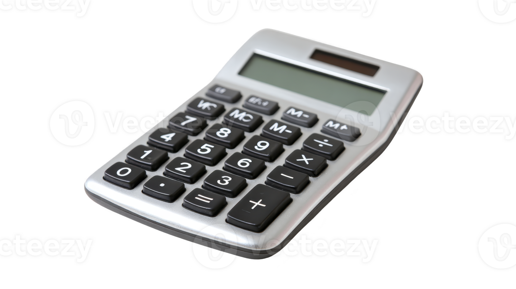 Silver calculator with digital display and black buttons is shown on transparency background. calculator features basic arithmetic functions and solar panel for power png