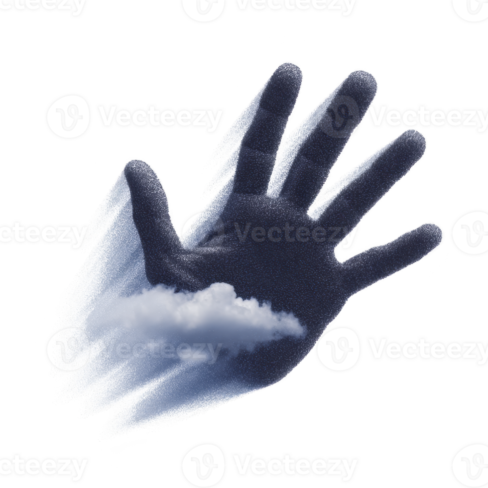 Surreal image of hand dissolving into cloud, blending boundaries between solid and vapor, creating dreamlike and ethereal effect png
