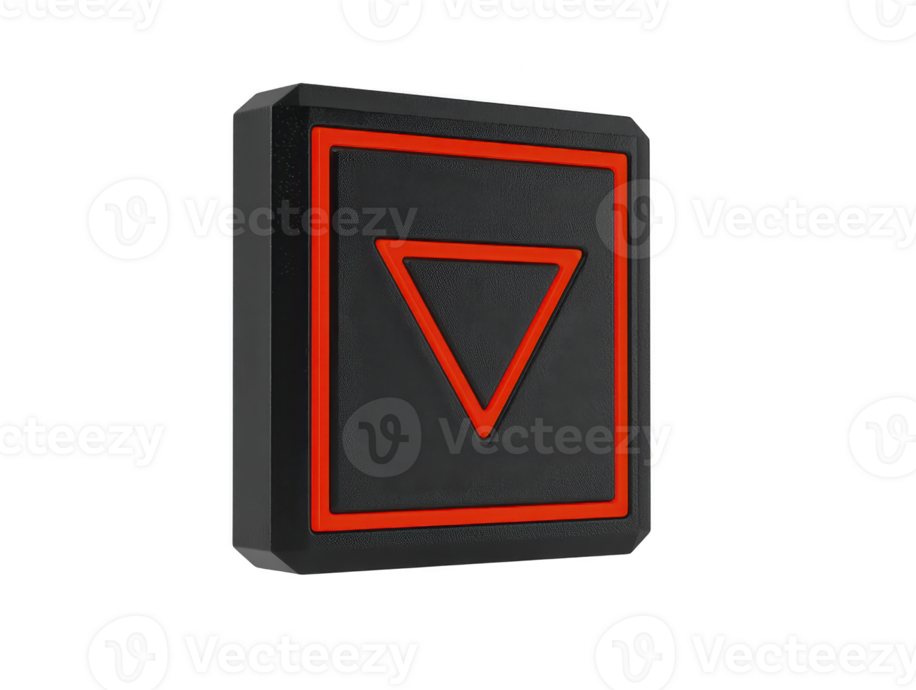 Black square button with red downward pointing triangle symbol in center, possibly representing control or navigation function. design is modern and minimalistic png