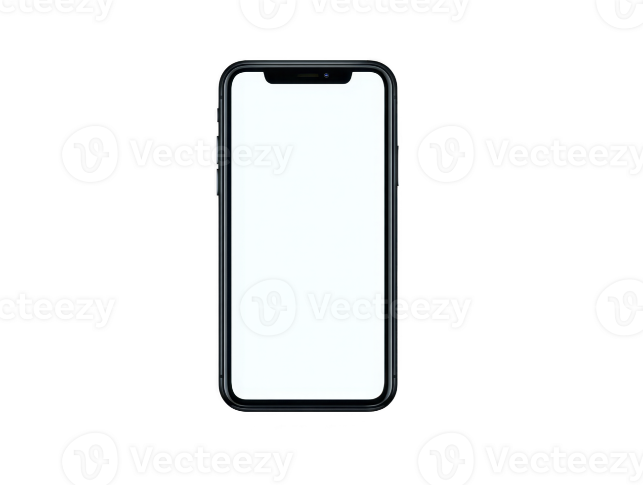 Sleek smartphone with blank screen is displayed against transparency background, showcasing its modern design and minimalistic style. device black frame and rounded edges highlight its png