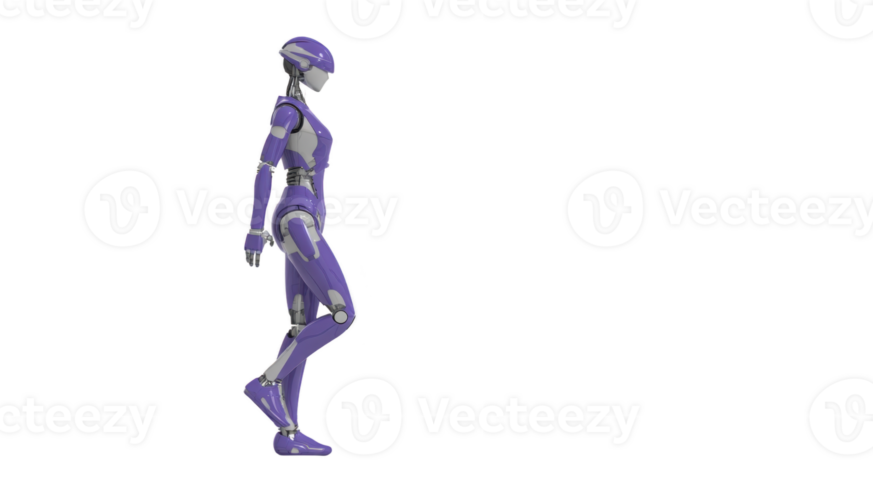 Futuristic purple robot walking, showcasing advanced technology and sleek design. robot humanoid form and dynamic posture suggest movement and innovation, highlighting modern robotics png