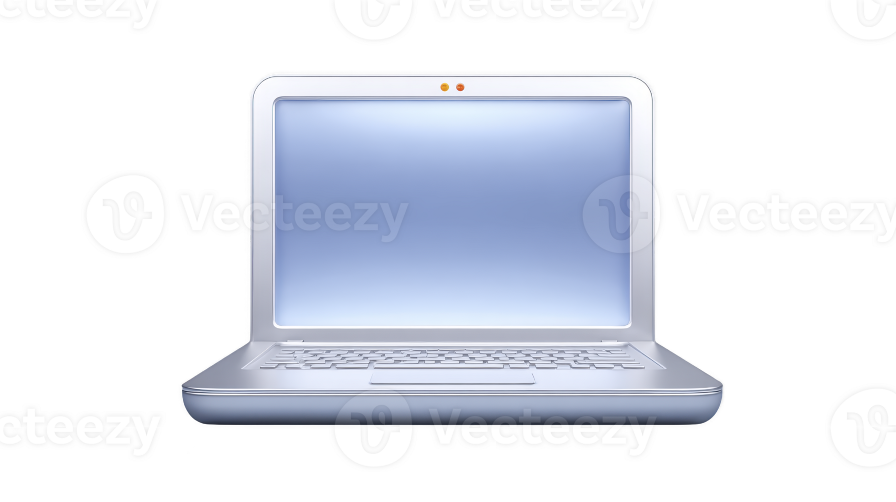 Sleek silver laptop with blank screen is displayed, showcasing modern design. device is open, highlighting its keyboard and touchpad, suitable for technology and business themes png