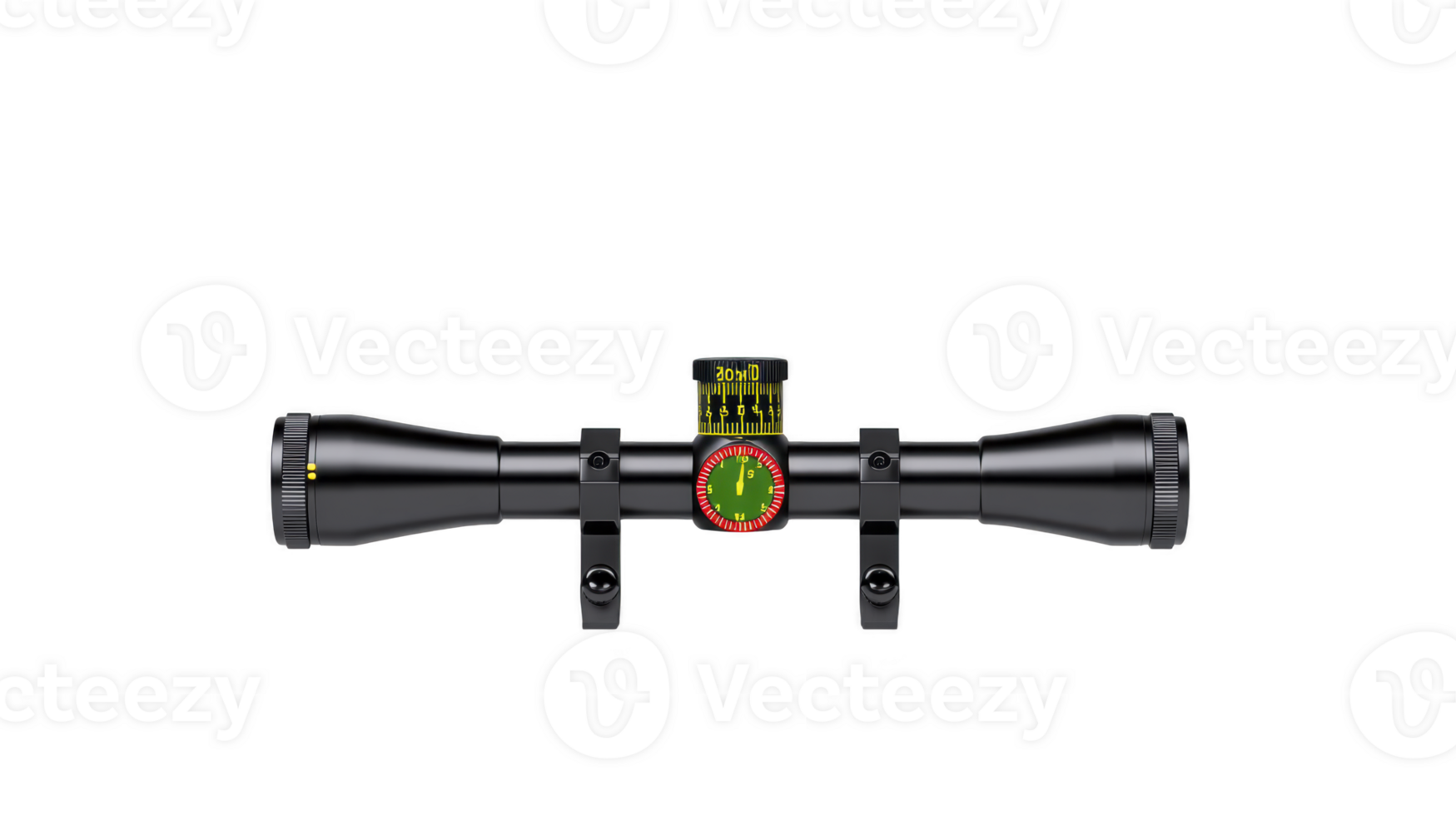 Black rifle scope with digital display showing range and windage information, designed for precision targeting. scope features adjustable dials and sleek, modern design suitable for outdoor use png