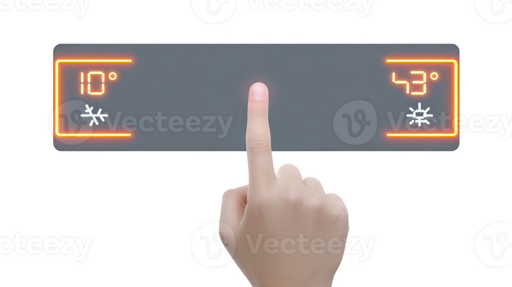 Hand interacts with digital thermostat display, showing temperature settings of 10 and 43 degrees with illuminated icons. interface is sleek and modern, indicating smart home device png