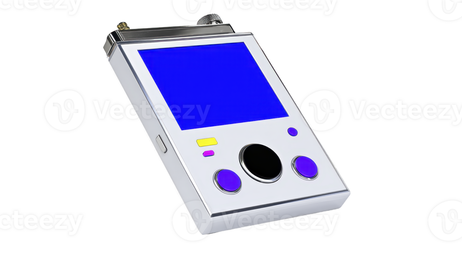 Sleek, modern handheld electronic device with large blue screen and multiple buttons, designed for user interaction. device features minimalist design with metallic finish, suitable for various png