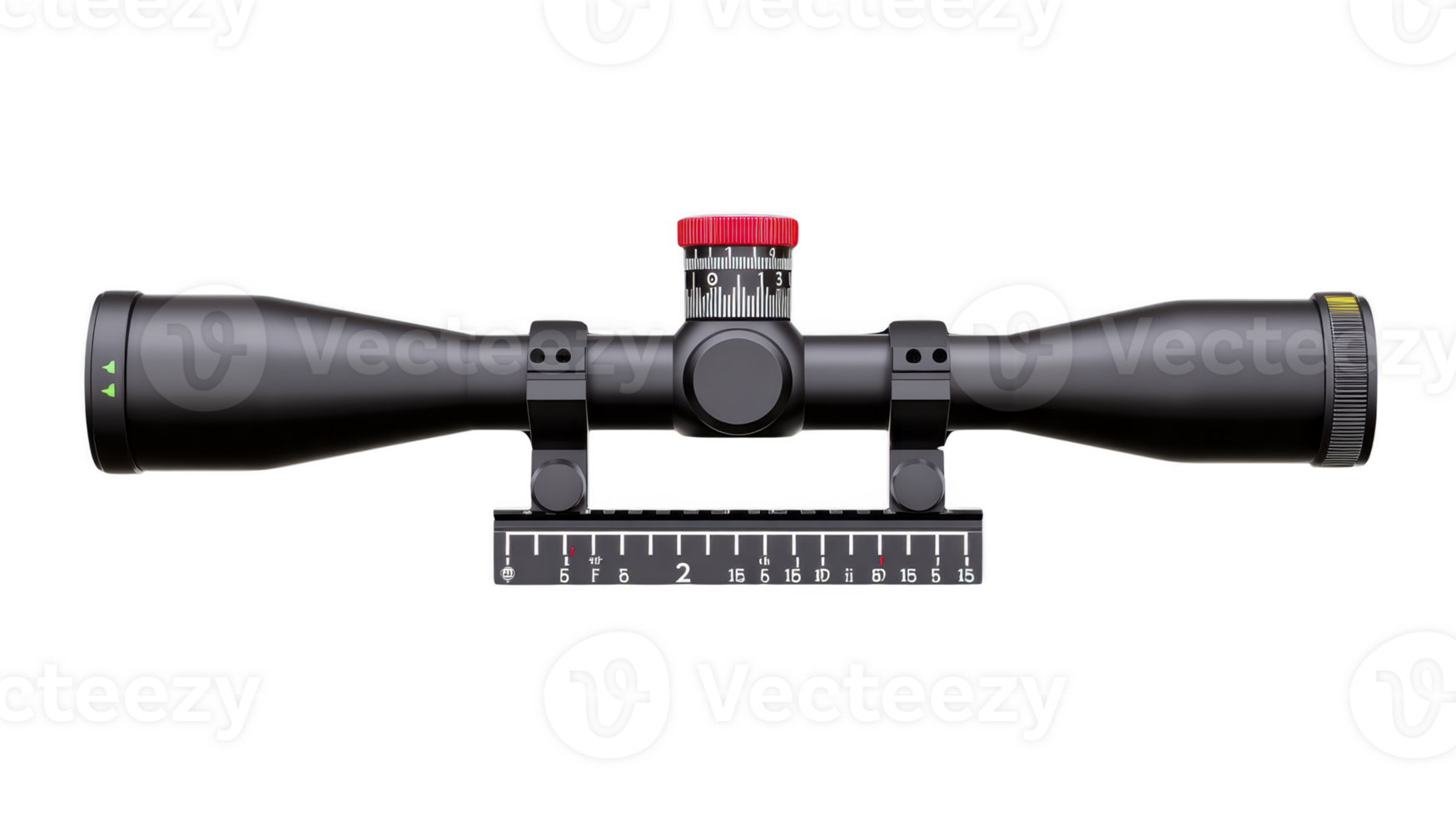 Black rifle scope with red adjustment knob and measurement markings is shown, designed for precision aiming. scope features sleek, modern design, suitable for hunting or target shooting png