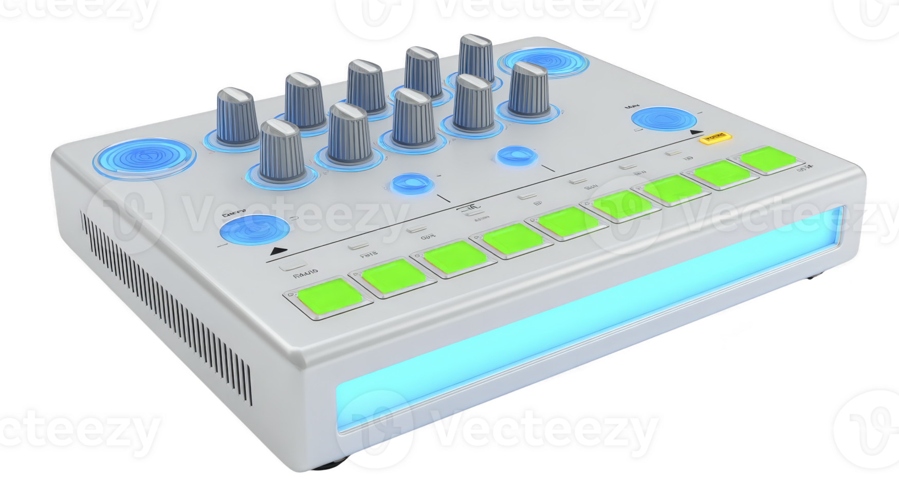 Modern electronic music controller with multiple knobs, buttons, and LED lights, designed for music production and live performances. device features sleek design with glowing interface png