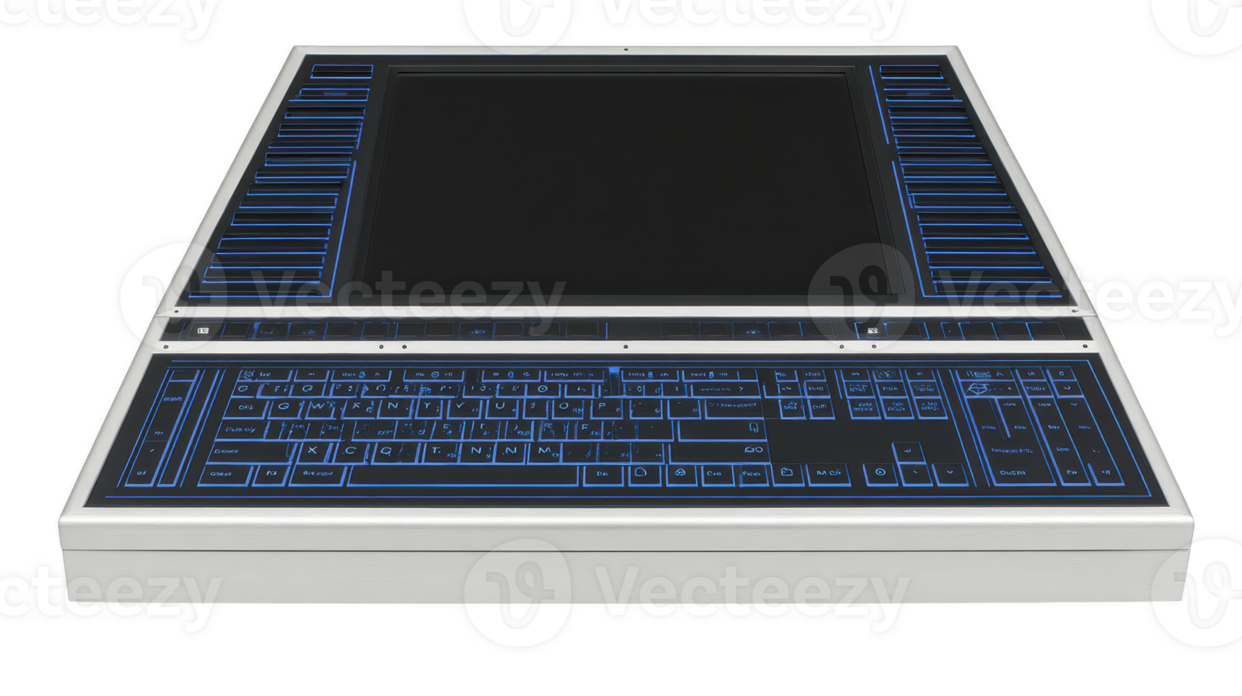 Futuristic computer keyboard with sleek design features illuminated blue keys and large touchpad, offering modern and innovative user interface png