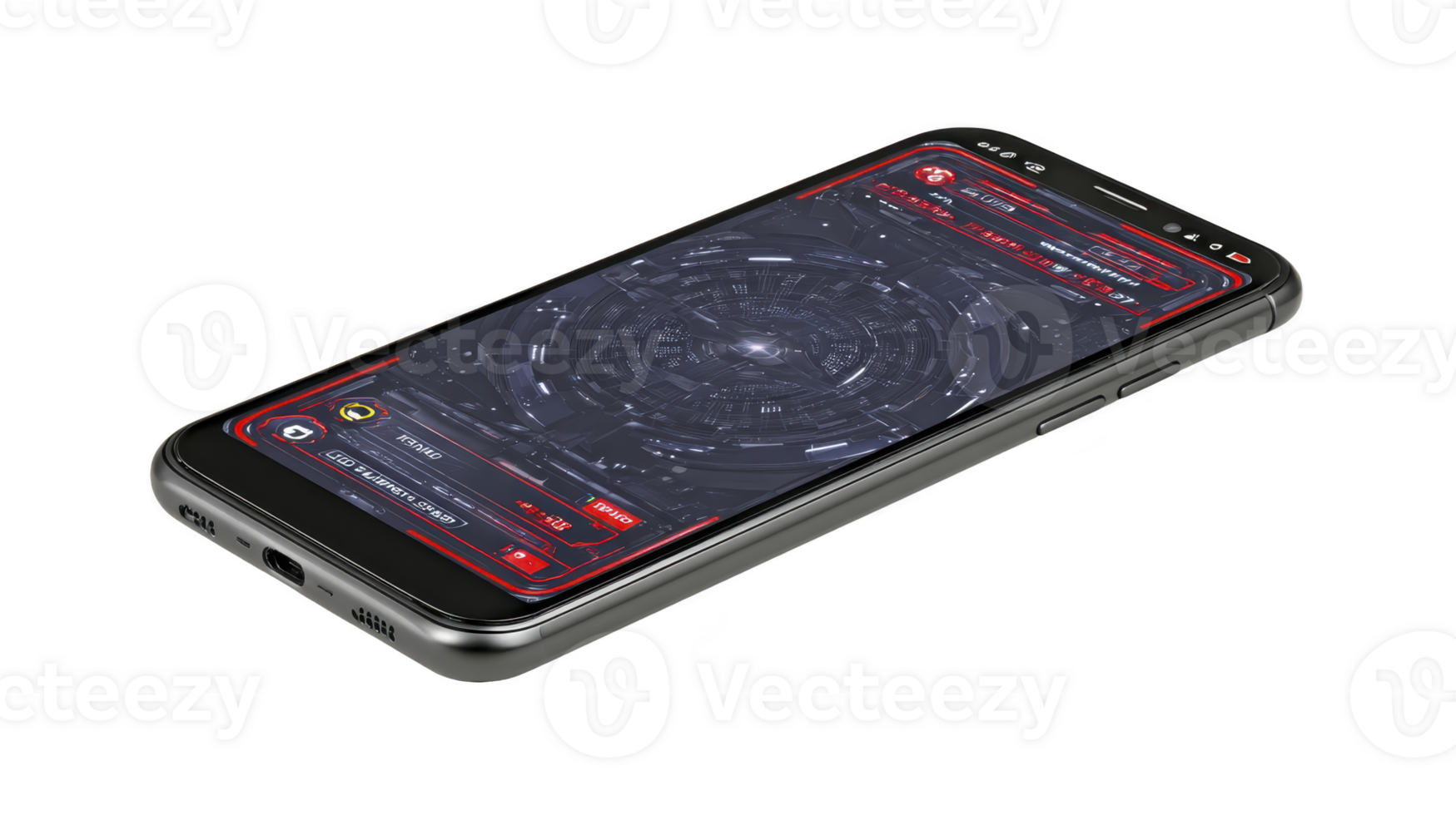 Sleek smartphone displays futuristic interface with digital dashboard, featuring vibrant red and blue elements. screen shows complex, circular design, suggesting advanced technology and innovation png