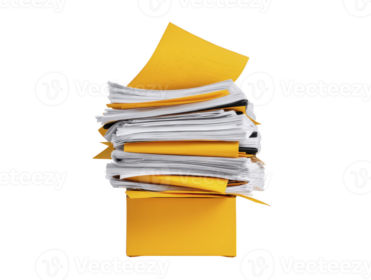 Tall stack of disorganized papers and documents in yellow folder, representing clutter and need for organization. This conveys sense of chaos and importance of managing paperwork effectively png