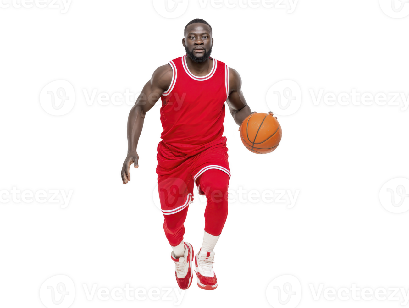 Basketball player in red uniform dribbles ball while running on transparent background, showcasing athleticism and focus. dynamic pose captures excitement of game png