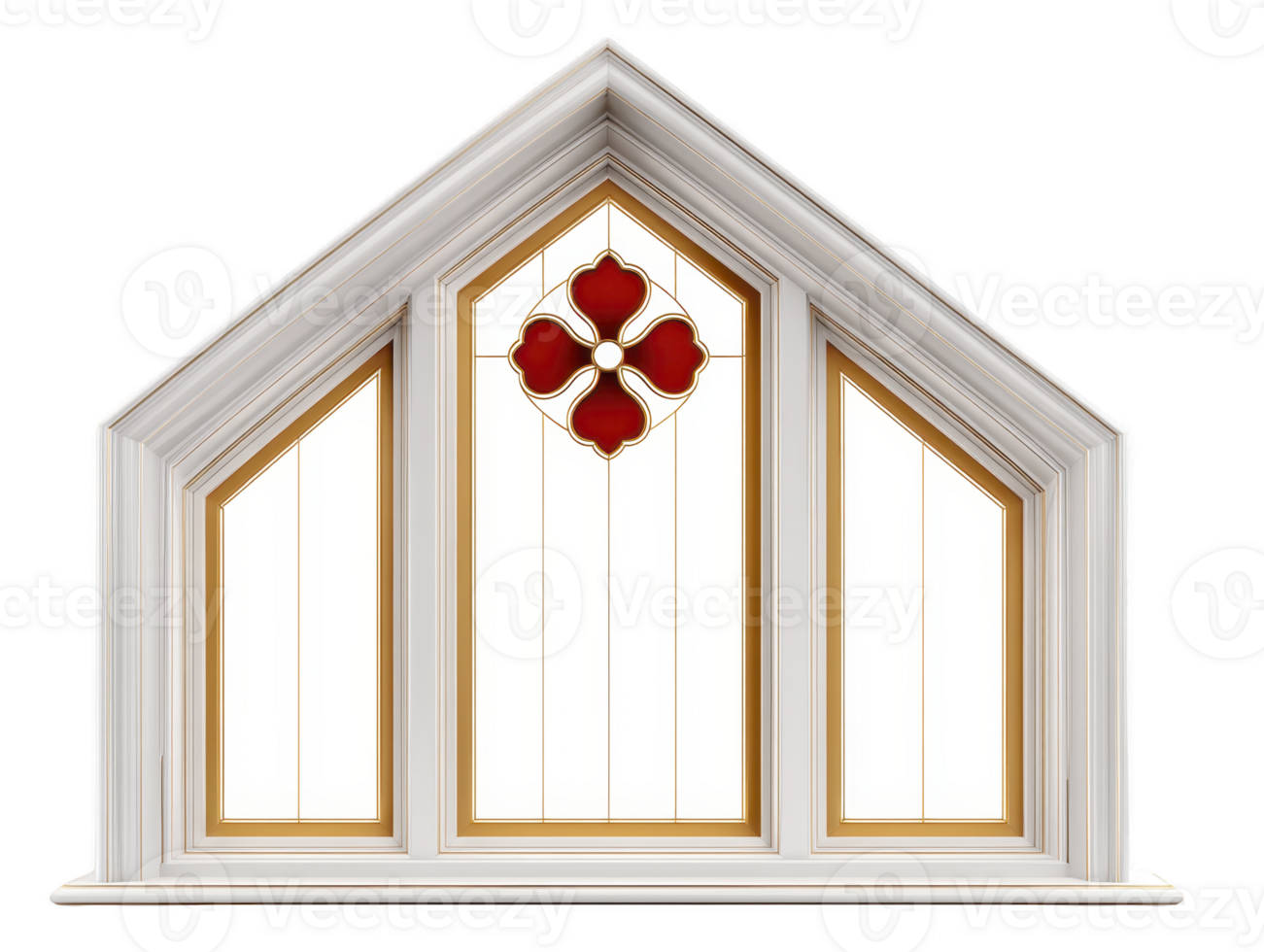 Elegant architectural window design featuring triangular shape with intricate detailing. window includes decorative red and gold element, enhancing its aesthetic appeal png