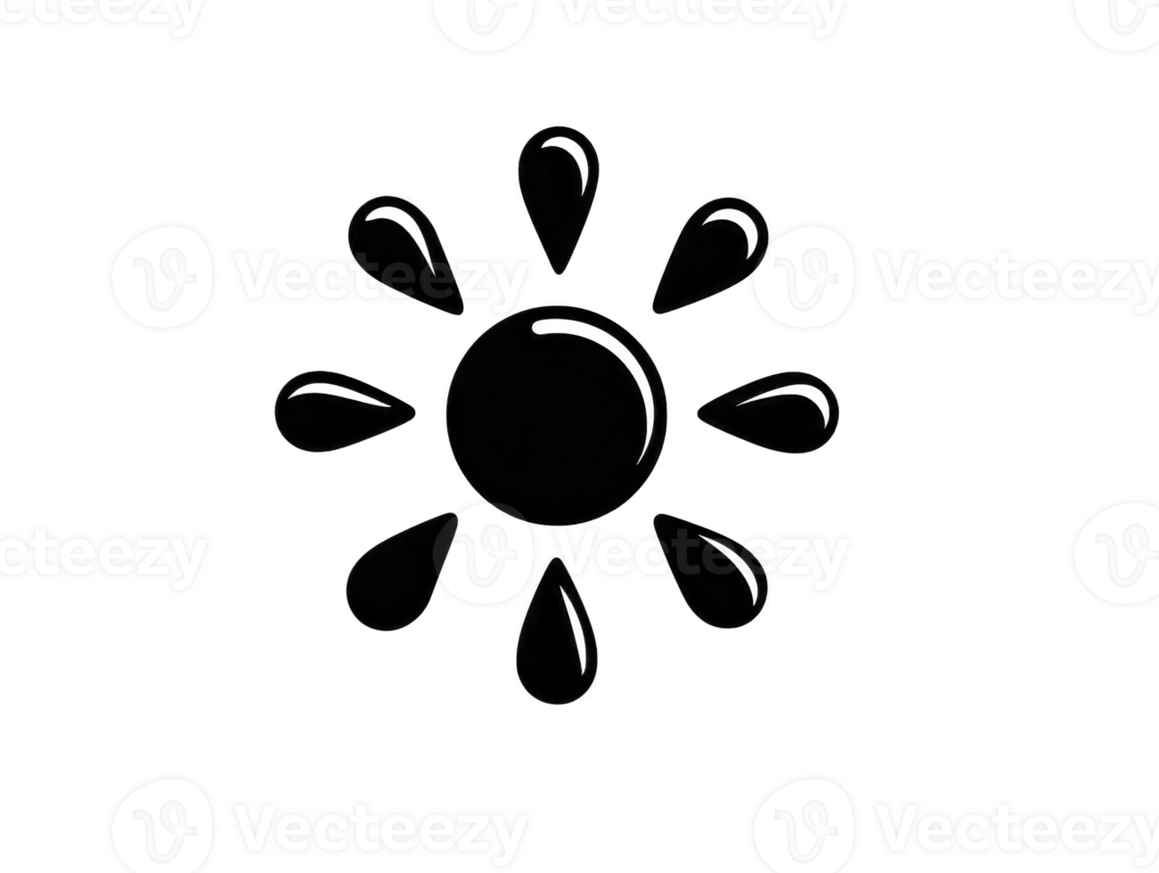 Simple and modern sun icon with rays and droplets, representing brightness and warmth. This design is perfect for summer themes and weather related graphics png