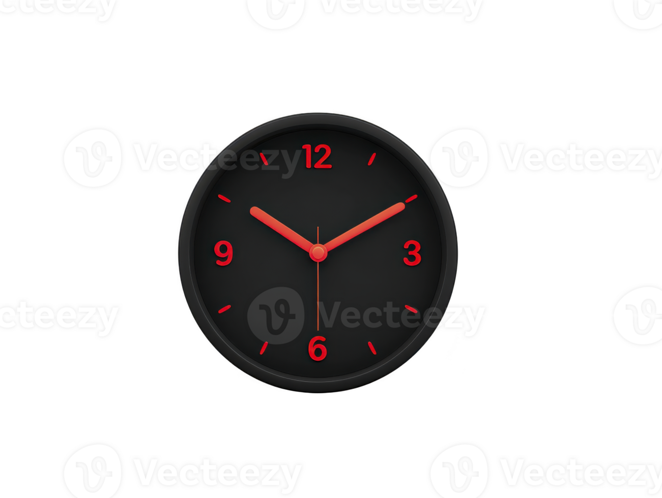 Modern wall clock featuring sleek black design with red hour and minute hands, showcasing minimalist style. clock displays numbers at each hour mark, creating bold contrast png