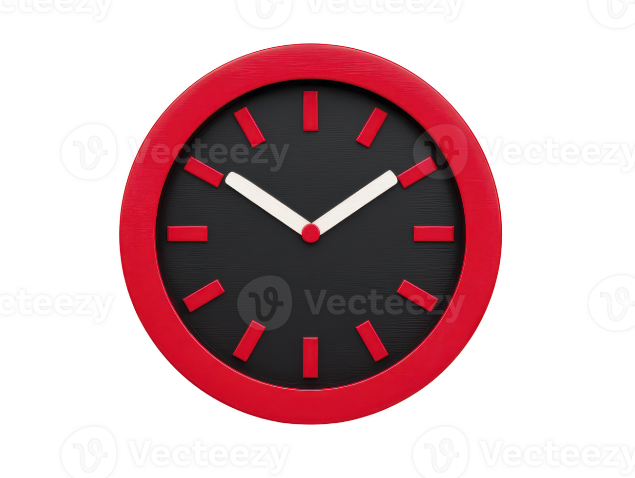 Modern wall clock featuring round design with black face and bold red frame. clock has white hour and minute hands, along with red hour markers, creating striking visual contrast png
