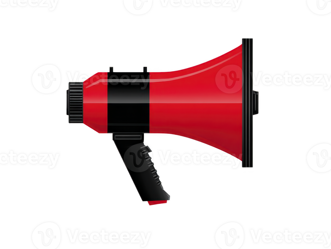 Vibrant red megaphone with black handle, designed for amplifying sound. This tool is commonly used in events, rallies, and public speaking to capture attention and convey messages effectively png