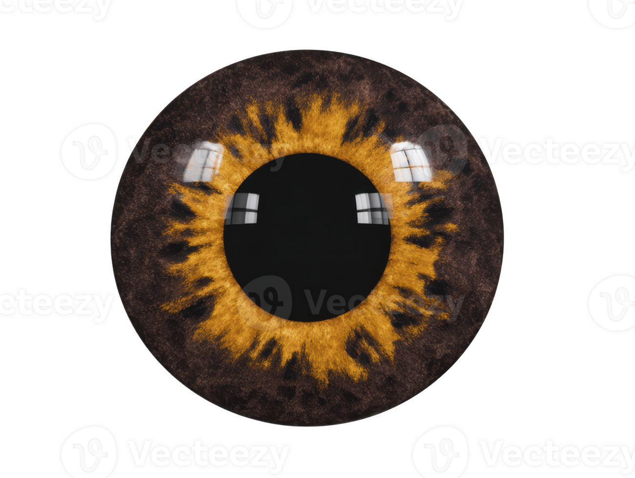 Detailed and vibrant close up of human eye, showcasing striking golden iris with dark edges and reflective surface. intricate patterns and textures create captivating visual effect png