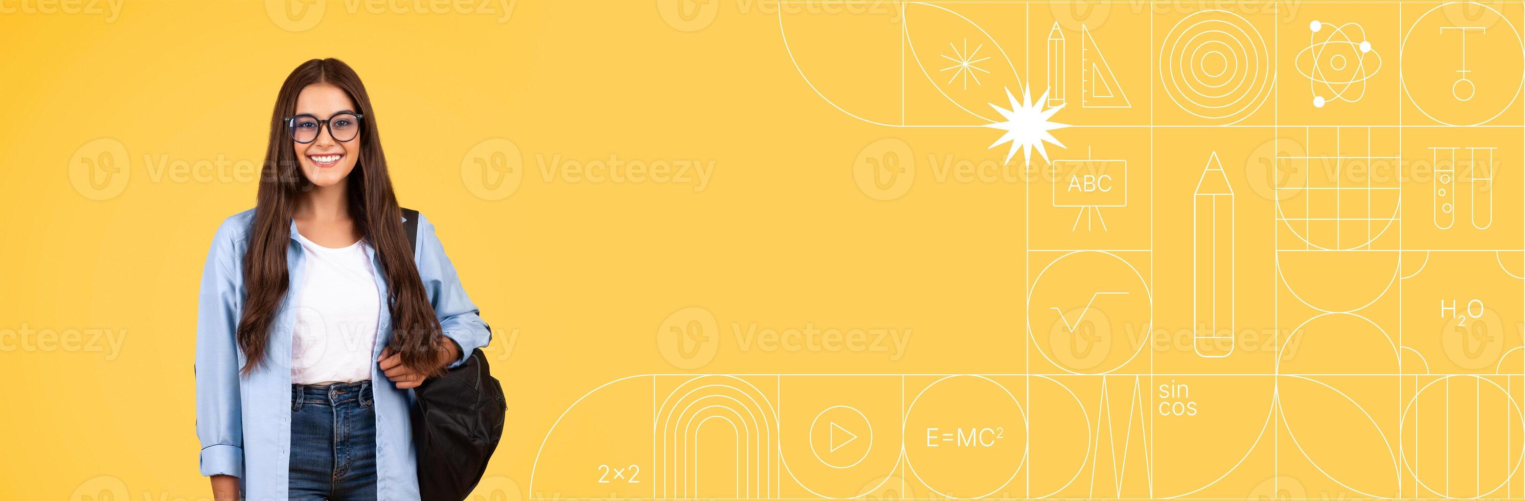 A student stands confidently with a backpack, smiling while engaging in study. The vibrant painted background features educational symbols, offering a motivating backdrop for learning. photo