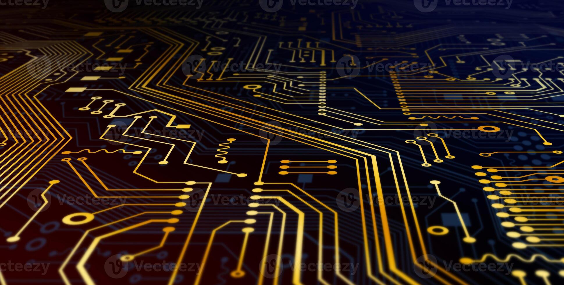 Computing technologies concept. Microelectronic circuit with gold lines, macro view. Illustration. Panorama photo