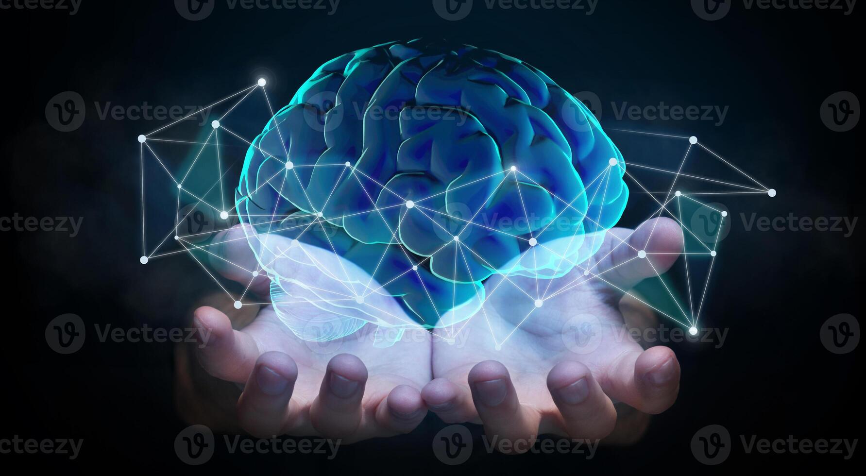 Hands holding hologram of brain with network connections, innovative technology in science and communication concept photo