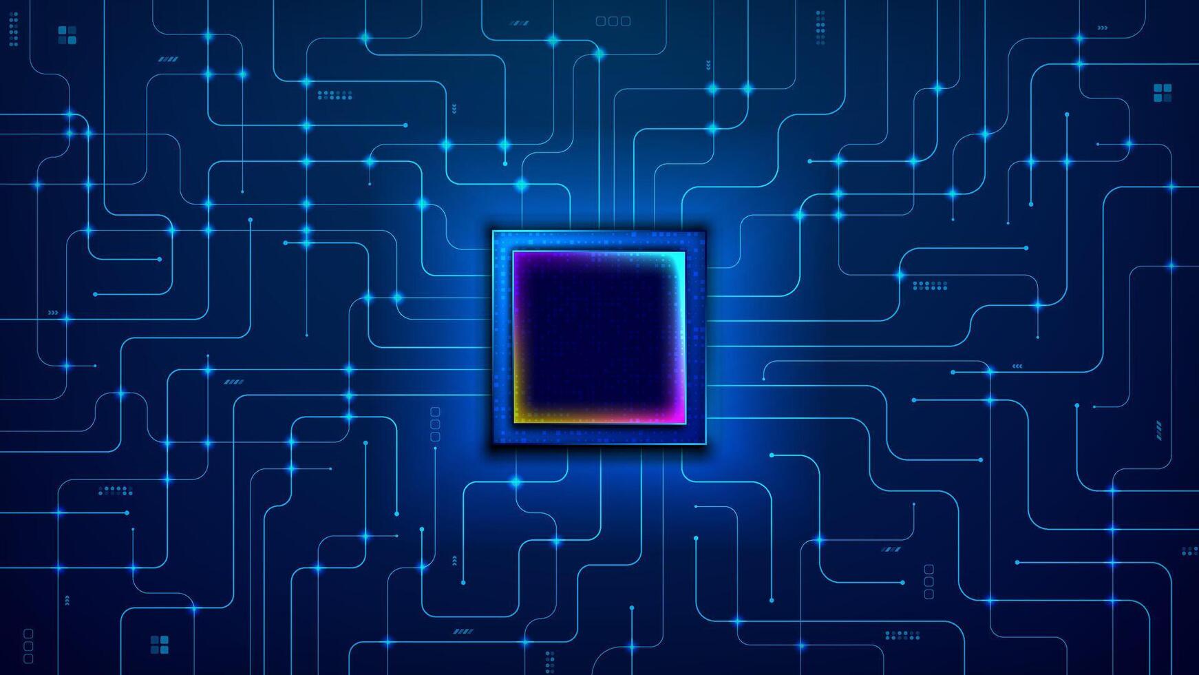 circuit board, motherboard with microprocessor, AI chip, semi conductor with connection paths in blue technology futuristic digital background template vector