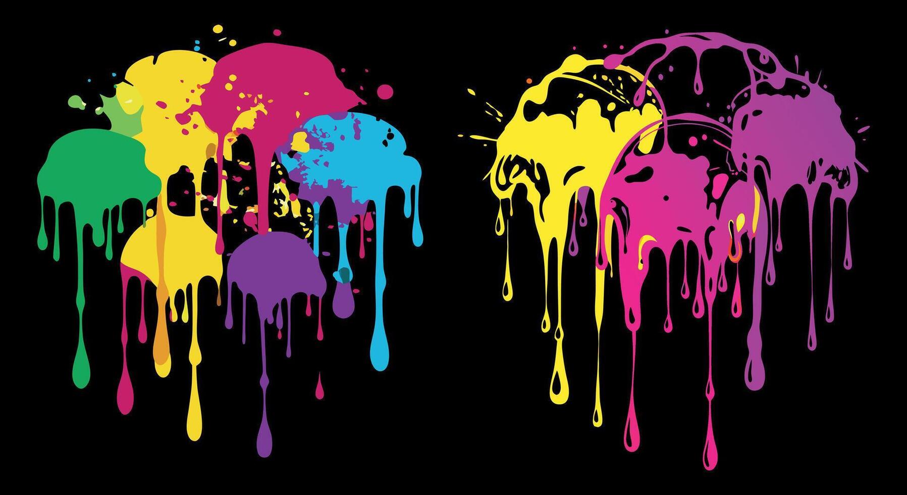 Set of two colorful paint splatter compositions with liquid drips abstract ink splash illustrations isolated on black background vector