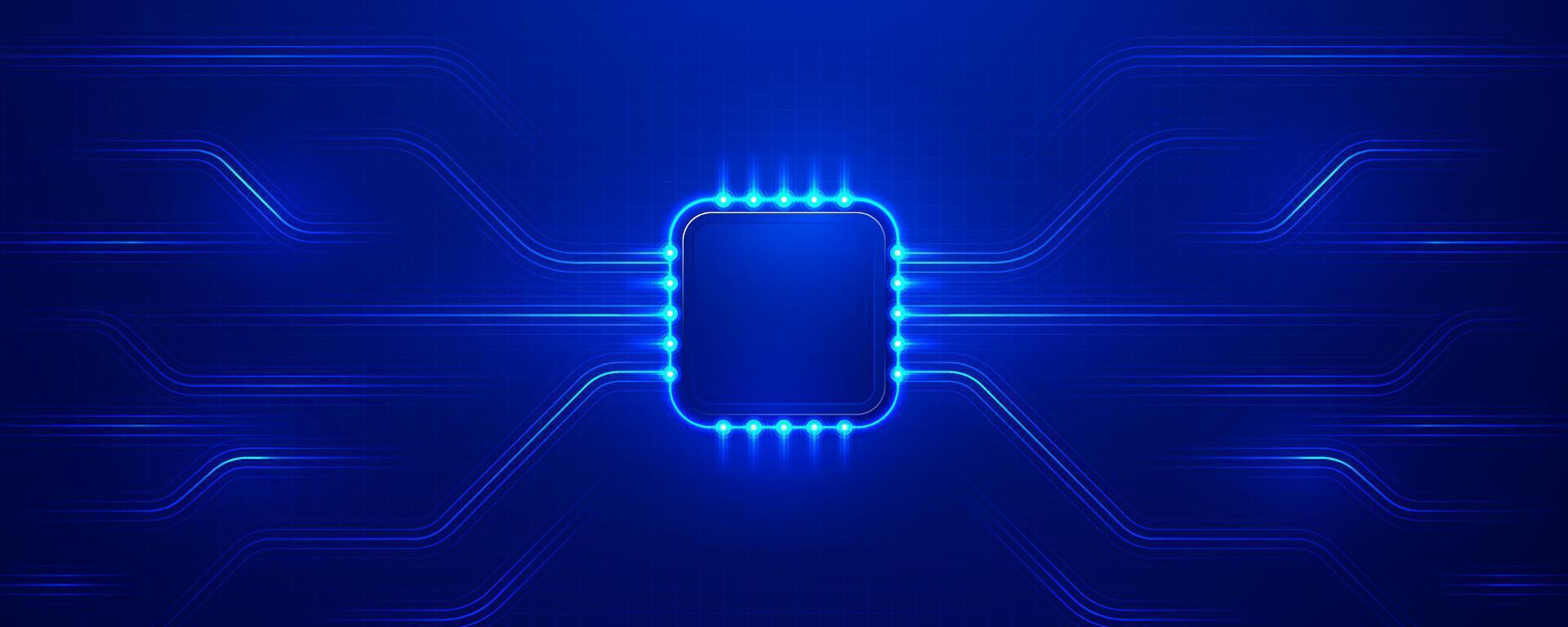 Glowing CPU microchip on a blue futuristic circuit board background vector