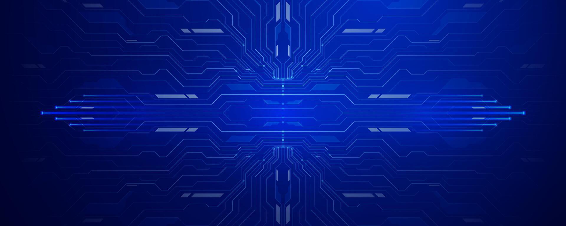 Symmetrical blue circuit board background with glowing digital center vector