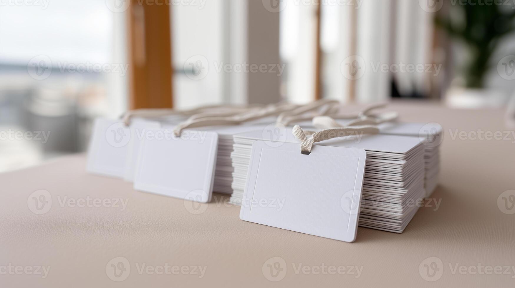 Stack of blank white hang tags with strings arranged on table photo