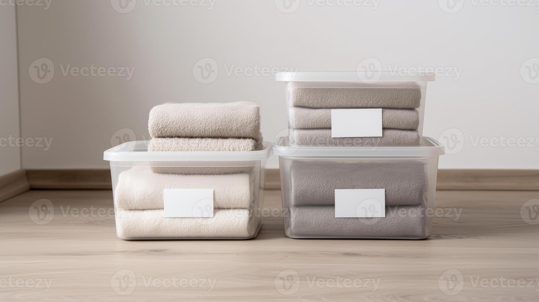 Folded towels neatly stored in transparent containers with labels for home organization photo
